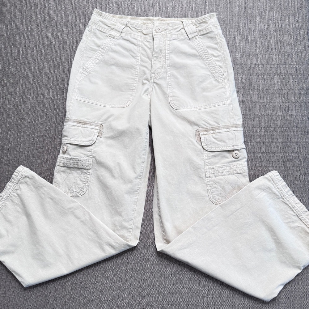 American Eagle Women Cream Khaki Cargo Pants Stretch Straight Leg Size 00 Reg